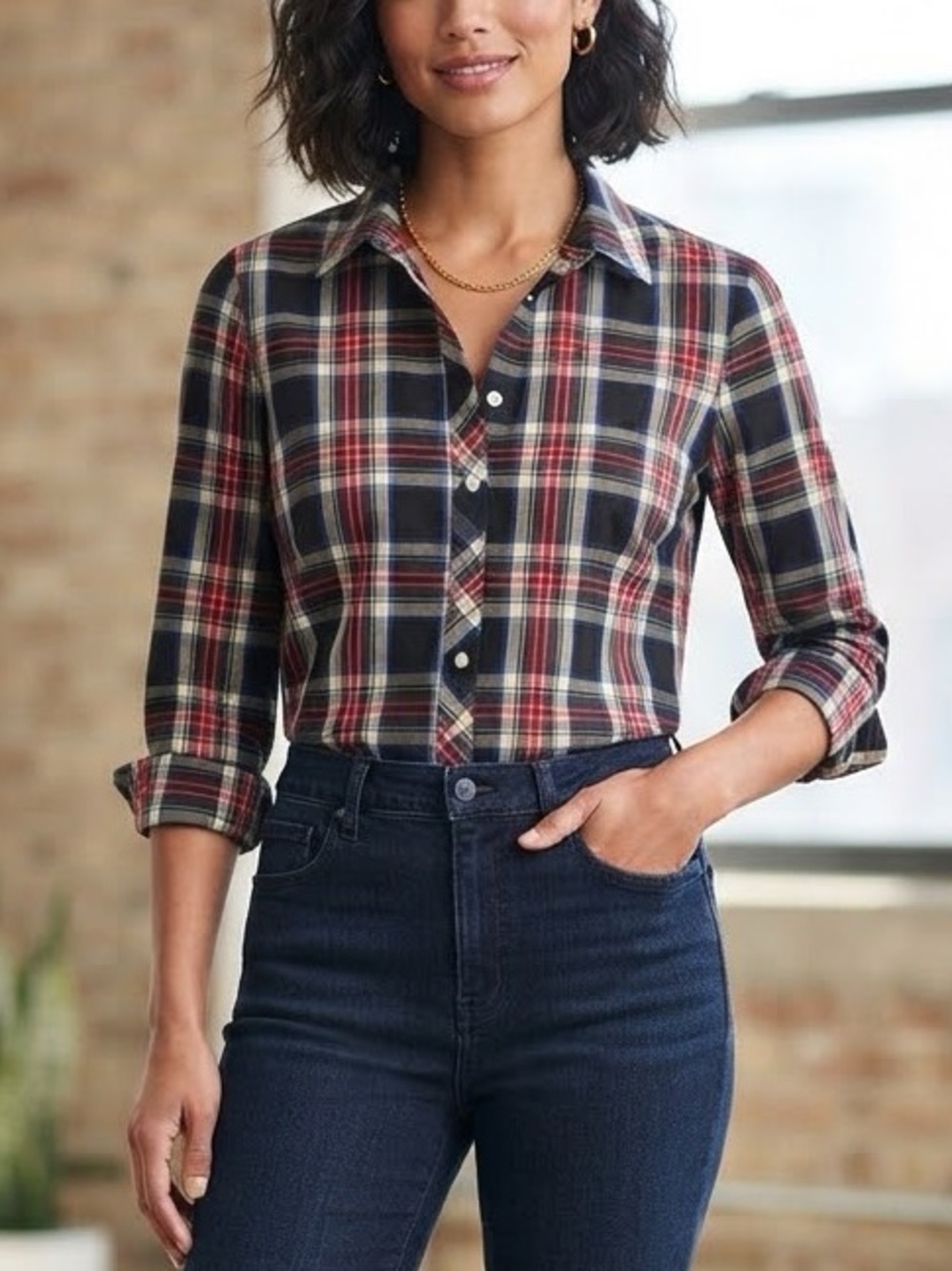 Talbots Non-Iron Perfect Shirt Celebrate Plaid Button Down Blouse Black Red 6